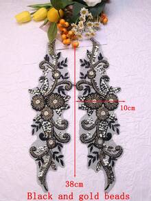 Available In Multiple Sizes, Mesh Base Fabric With Embroidery, Rhinestones, Sequins, Beads, Appliques, Used For Garment Accessories, Repair, Wedding Dress Decorations, DIY Embroidery Crafts - Black + Gold - View 3