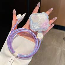 Peony Flower Blue & Purple USB Charger Protector Case, Suitable For UK 20W Charging Cable, Anti-Bend, Simple & Transparent Charging Adapter Cover Cable Protector - Multicolor - View 4