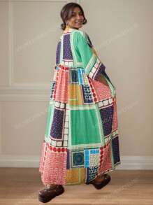 Tops, Women's Plus-Size Casual Elegant Dress, Boho Resort Beach Dress, New Summer 2025 Crew-Neck Short Sleeve Loose Skirt, Random Print