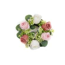 1 pièce Composition florale de centre de table de mariage - Couronne de fleurs artificielles roses avec bougie, couronne de printemps/été pour porte d'entrée, cérémonie - Bougeoir de fleurs artificielles feuilles, couronne florale en soie rose avec support de bougie, petites fleurs en plastique pour décoration de mariage, bouquet de mariée, décoration de centre de table, jardin, cour, mariage, anniversaire, douche, décoration de chambre esthétique, salle de classe, bureau, balcon, centre commercial, Saint-Valentin, cadeau