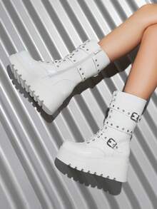DREAM PAIRS Women's Platform Mid-Calf Boots Cyberpunk Combat Style Multiple Buckle Straps Round Toe Side Zipper Anti-Slip Thick Heel Outdoor Halloween Chunky Heel Party Music Festival Party WHITE Boots - 白色 - 查看 8