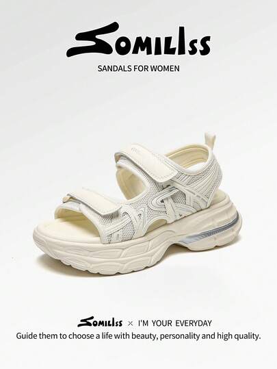  1 Pair Somiliss Women Summer 2025 New Casual Sports Sandals, Thick Sole 6cm Platform, Fashion Flat Beach Sandals, Lightweight Comfortable Outdoor Walking Shoes, White