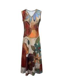 Vestito estivo casual da donna, stile boho, con stampa floreale su tutto il corpo e senza maniche