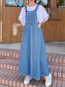 女式休闲口袋长款牛仔背带裙 - 淺色水洗藍 - 查看 4