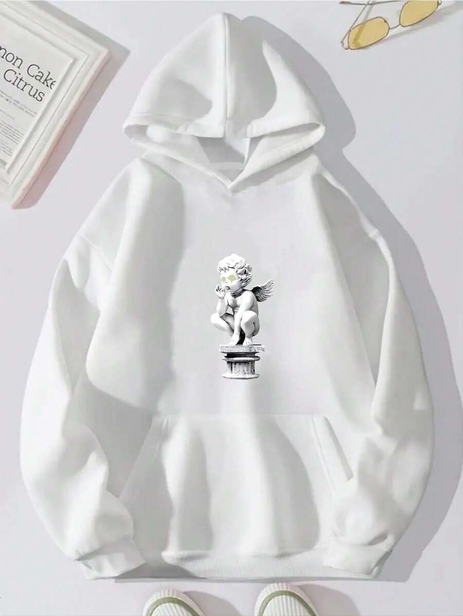 Sudadera con capucha y cordón para hombre estampada con esculturas de ángeles bebés - Blanco - Ver 1