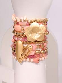 11pcs Pink Glass Crystal & Golden Pearl Beaded Bracelet With Flower, Heart Pendant, Romantic & Sweet Bohemian Style, Suitable As Gift For Women