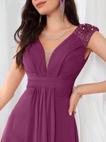 UNITHORSE V 领荷叶边袖褶皱网眼拼接派对晚礼服（随机剪裁）、新娘礼服、生日女士服装、毕业礼服、正式礼服、伴娘礼服 - 中紫紅色 - 查看 6