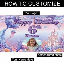 1 Stück personalisiertes Portrait, Name, Alters-Geburtstags-Party Banner, Polyester, Meerjungfrau Thema Unterwasser Schloss & Korallenriff Fotohintergrund, personalisiertes Alles Gute zum Geburtstag Banner, geeignet für Kuchentisch, Zuhause, Außenbereich, 3 Größenoptionen, grafischer Muster