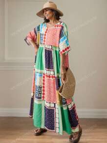 Tops, Women's Plus-Size Casual Elegant Dress, Boho Resort Beach Dress, New Summer 2025 Crew-Neck Short Sleeve Loose Skirt, Random Print