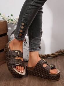 Plus Size Women's Thick Sole Studded Buckle Open Toe Summer Sandals - Black Print - View 5