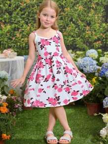 Seven Princess Nouvelle robe d'été décontractée et confortable pour jeunes filles, avec motif floral Ditsy, bretelles spaghetti et taille à cordon. Robe de plage fleurie Ditsy pour les vacances