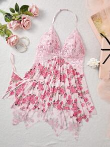 Vestido de encaje y estampado floral con tiras de malla para mujer de talla grande y sexy