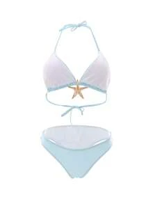 Novo maiô destacável com amarração acolchoada no pescoço, roupa de praia com decoração de estrela-do-mar azul, conjunto de biquíni elegante e sexy para festa. Biquíni de praia feminino da moda para o verão, vestidos de verão para mulheres, roupas de verão para mulheres, festivais, saias, trajes de Ibiza, trajes de banho femininos, conjunto de biquíni, traje de banho feminino, roupa de praia feminina, conjunto de férias, vestido de praia, conjuntos de biquínis femininos, maiô, bojos removíveis para trajes de banho. - Azul - Ver 2