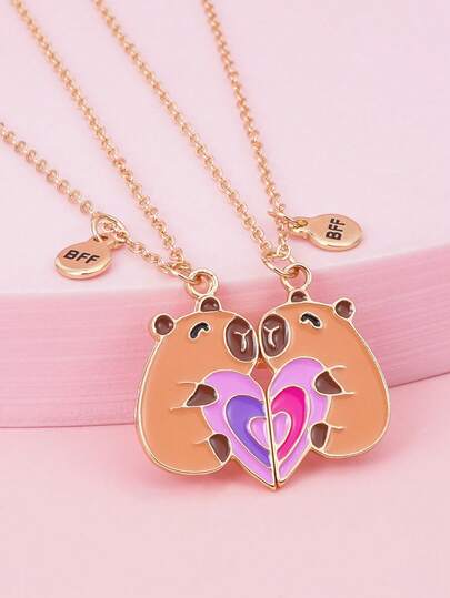 2 件/套锌合金水豚吊坠 BFF 心形项链，儿童友谊首饰