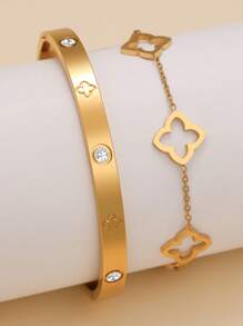 Ensemble de bracelets de bijoux pour femmes en acier inoxydable avec fleurs en zircone, style rétro élégant, convient pour un port quotidien