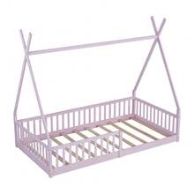 MERAX Twin House Bed With Fence Rails, Wood Montessori Floor Bed With Slats Support, Twin Size Teepee Tent Beds Kids Bed Frames For Girls Boys,Pink - Kích thước đôi-Màu hồng - Xem 6