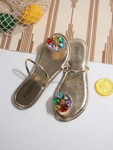 2026 New Comfortable Gem Round Toe Flat Sandals For Women, Seasonal Popular Beach Style Solid Color Sweet Breathable Slippers - Gold - View 7