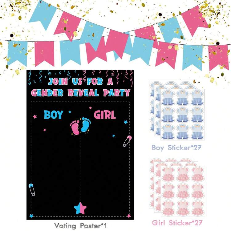 一套性别揭晓海报贴纸，宝宝预测贴纸，云朵奶瓶装饰贴纸，适用于性别揭晓派对、宾客聚会、游戏 - 彩色 - 查看 9