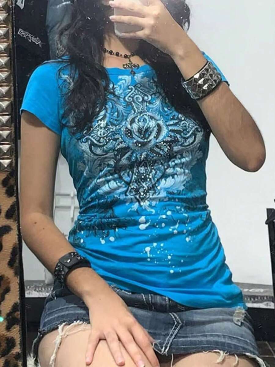 Womens Y2k Fairy Grunge Shirt Top Gothic Short Sleeve Sound Neck T Shirts Slim Crop Top E-Girl Punk Emo Tees Summer Going Out Tops Vintage Aesthetic Clothes  Streetwear - Blue - View 1