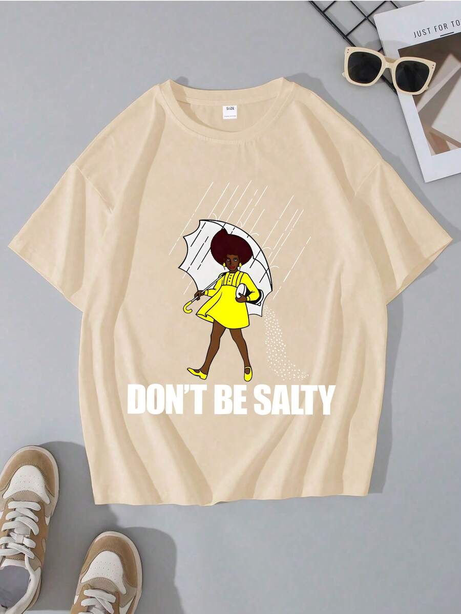 Teen Girls Funny Graphic T-Shirt, Beige Short Sleeve Tee With Don't Be Salty Print, Cool For Summer/Outings
