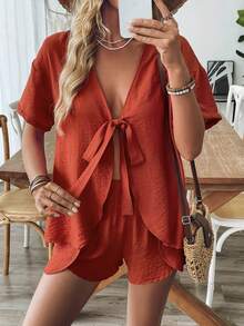 Women's Summer Casual Solid Color Shirt And Shorts Set - Brick Red - View 4