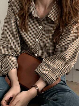 Plus Size Women's Casual/Work Plaid Shirt, Classic Shirt Collar, Front Button Closure, Regular Length Casual Top