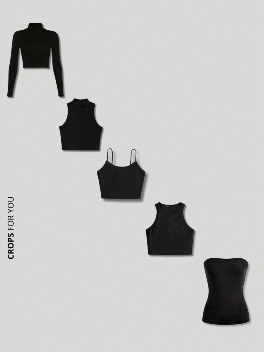 Kit 5 Assorted Cropped Tops: Long Sleeve, Collar, Strappy, Tank Top And Tube Top - 黑色 - 查看 1