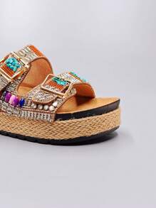 roulvxiang Sandalias cómodas de suela gruesa estilo casual con diamantes para uso en casa, vacaciones y exteriores