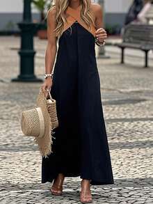 Plus Size Women's Elegant Sleeveless V-Neck Color Block Casual Maxi Dress, Suitable For Daily Commute, Beach Vacation, Single Party - Black - View 3