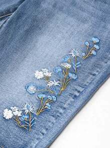 Embroidered Mid-Length Shorts, Floral & Leaf Print, Denim Fabric, Pocket Design, Raw Hem, Button Closure, Spring/Summer