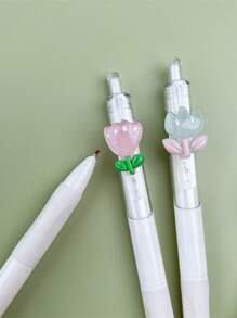 1/5pcs Cute Floral Press Type Ballpoint Pens, High Quality Translucent Girls Ballpoint Pens, Cartoon Press Pens, Stationery, School & Office Supplies, Student Gifts (Random Colors), Back To School