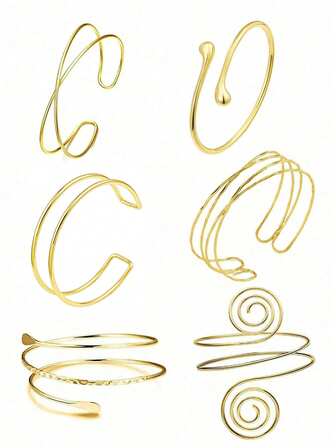 Juego de 6 piezas/Set de pulseras brazalete ajustables de metal con estilo minimalista de vacaciones de verano