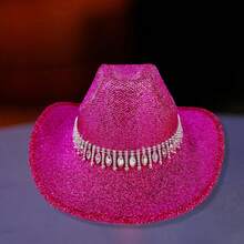 Women's Cowgirl Hat Stylish Rhinestone Design Sun Hat Wide Brim Western Cap For Party Daily Life - Hot Pink - View 5