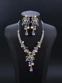 1 Set Of 3pcs Luxury Cubic Zirconia Necklace & Earrings Jewelry Set, Matching Wedding Dress, Party Gown, Faux Pearl Jewelry Gift For Holiday, Birthday
