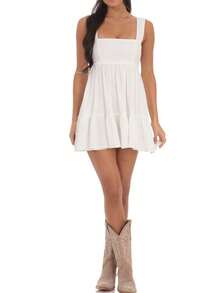 Vestido de tirantes corto para mujeres con cuello cuadrado, sin mangas, espalda abierta, lazo y volados en forma de línea A - Blanco - Ver 4
