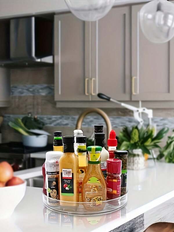 1pc Clear Plastic Lazy Susan Turntable With Raised Sides - Durable Polyethylene Kitchen Cabinet Storage Box, Stainless Steel Base, Space-Saving Condiment And Condiment Storage Counter, Spice Rack | Practical Storage Box