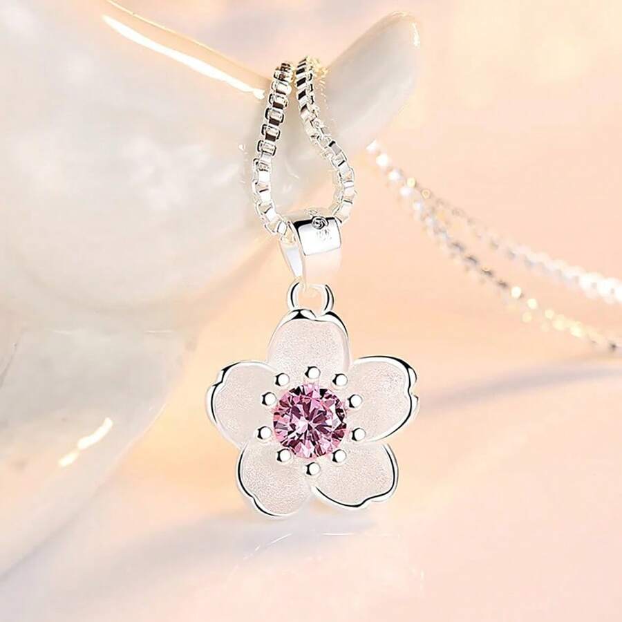 Dây chuyền hoa đào hồng tím mạ bạc 925 cho nữ trang sức sang trọng cổ điển, phụ kiện miễn phí vận chuyển, trang sức - Bạc - Xem 1
