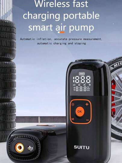 SUITU 无绳轮胎充气泵，手持便携式空气压缩机/电动气泵，适用于汽车轮胎，19毫米150psi无绳充气泵，带数字压力表和LED灯，适用于汽车轮胎充气，2000毫安便携式充电器，多功能汽车维修工具，适用于汽车轮胎、摩托车、球类和充气垫。汽车配件/节日礼物。