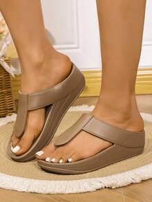 (Recommend Sizing Up) Women Summer High Heel Slippers, Fashionable Casual, Non-Slip Thick Sole Beach Flip Flops - Brown - View 3