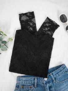 女款春夏装黑色花卉蕾丝上衣透明设计 T 恤修身性感辣妹圆领长袖适合日常穿着、街头、通勤、居家、办公室、约会派对聚会、外穿女上衣