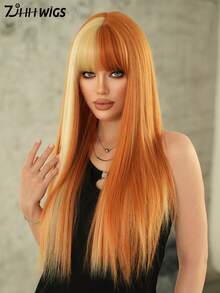 7JHH WIGS 26 Inch Long Straight Orange Wig, Women's Style, Fluffy & Shiny, With Bangs, Highlighted With Gold, Full Lace Synthetic Fiber Wig, Suitable For Daily Wear, Music Festivals, Parties, Anime Or Cosplay Photography, And More - 橘色 - 查看 2