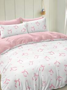 Juego de Funda Nórdica de 3 Piezas con Estampado Digital Lindo de Corazón Rosa y Lazo (1 Funda Nórdica + 2 Fundas de Almohada, Sin Relleno), Fibra de Poliéster Ligera Suave y Agradable para la Piel para Dormitorio, Dormitorio, Todas las Estaciones