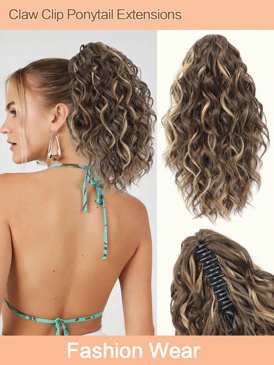 Curly Hair Ponytail Extension 12 Inch Claw Drawstring Ponytail Wig Pieces Brown With Caramel Blonde Highlights High Pony Tails Hair Extensions Synthetic Friendly Fiber For Women