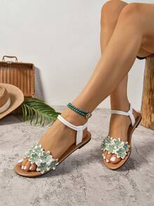 Women's Fashion Embroidery Comfortable Elastic Strap Flat Beach Sandals, Plus Size,Summer Shoes - Green - View 3