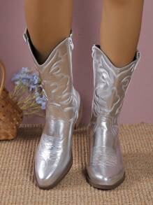 Women's Vintage American Style Embroidered Leather Pointed-Toe Silver Western Boots With Side Zipper For Easy On/Off, Embroidered Cool Fashion High Shaft Boots, High Chunky Heel Riding Boots, Fashionable Punk Chelsea Boots