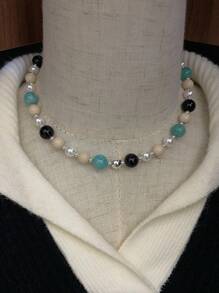 Collar hecho a mano de cuerda con cuentas de plata, perla y amazonita natural, estilo océano de verano, diseño de contraste de color, plata de ley 925