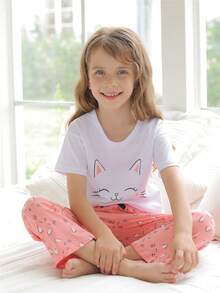 Set de 2 piezas de pijama de algodón ligero con estampado de gato lindo de manga corta y pantalón 3/4 para niñas para primavera/verano - Multicolor - Ver 5