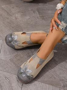 2025新款女士时尚休闲户外鞋，软底针织平底鞋，透气软底鞋，轻便一脚蹬 - 灰色 - 查看 2