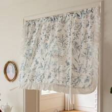 1pc Linen-Looking Blue Floral Print Curtain With White Ruffle Trim, Adjustable And Expandable Design, Adds Stylish Home Decor