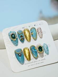Golden Glitter & Ocean Heart Shaped French Style Nail Art Design - Green - View 4